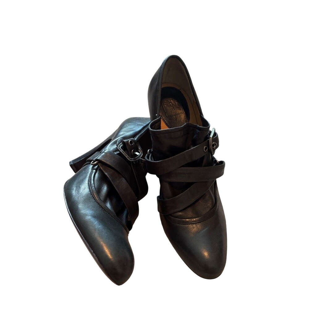 Frye Black Leather Strappy Heeled Ankle Boots